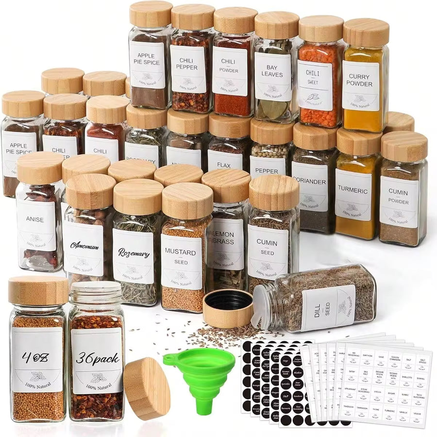 15/24/36PCS Spice Bottles, Condiment Containers, Glass Spice Bottles With Bamboo Lids, Kitchen Essentials, Spice Set, Kitchen Set, Spice Organizer, Cabinet Spice Rack Organizer