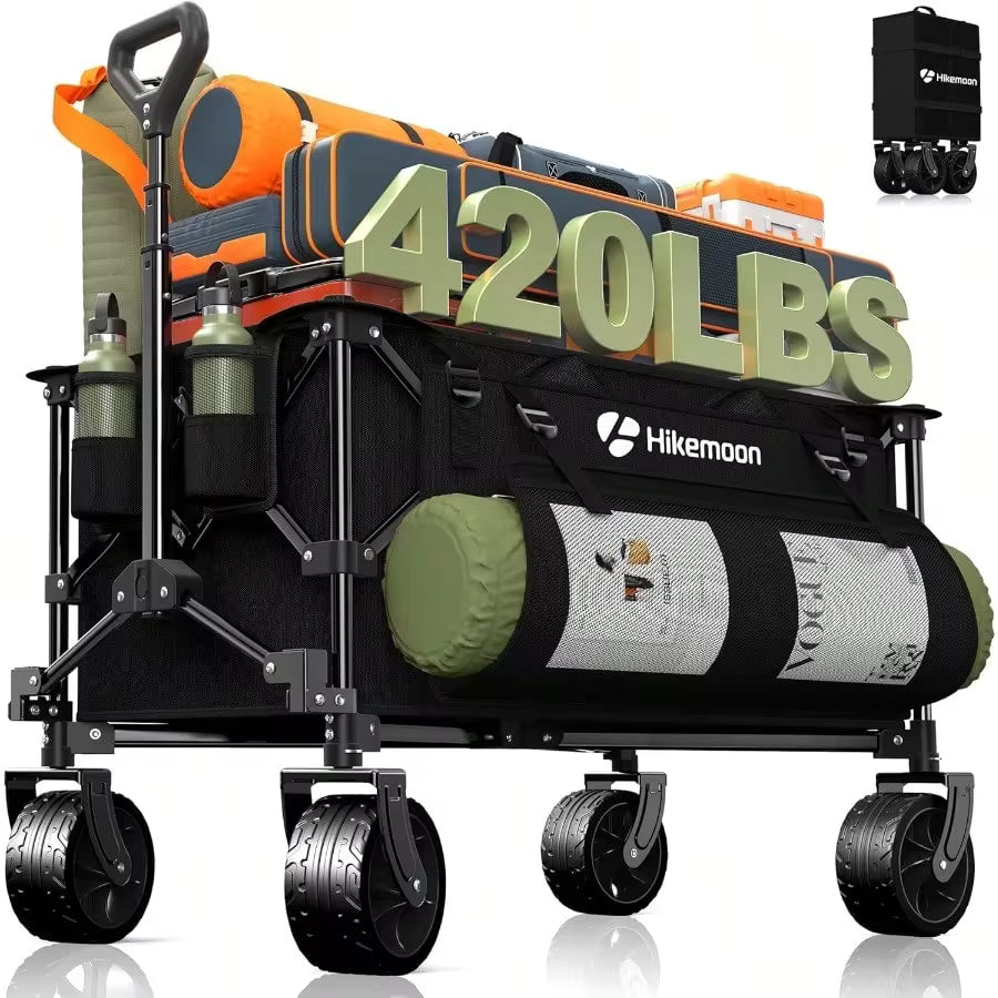 150L Collapsible Wagons Carts Foldable, 420LBS Heavy Duty Folding Beach Cart With Big All-Terrain Wheels, Portable Utility Wagon For Grocery, Shopping, Garden, Sports, Camping, Black