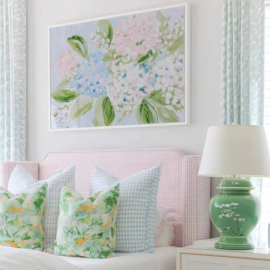 1pc Framed/Unframed Blue Green Pink Hydrangea Canvas Poster, Botanical Floral Granny Chic Preppy Wall Art Print, Suitable For Hallway, Entryway, Dorm, Living Room, Bedroom Modern Home Aesthetic Decor Painting